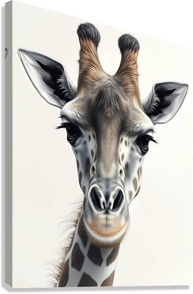 Wildlife portrait print of a giraffe head with black ears and spotted tan neck