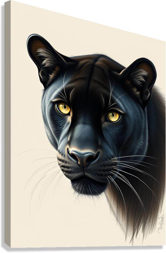Panther head portrait print, black fur and yellow eyes, light background