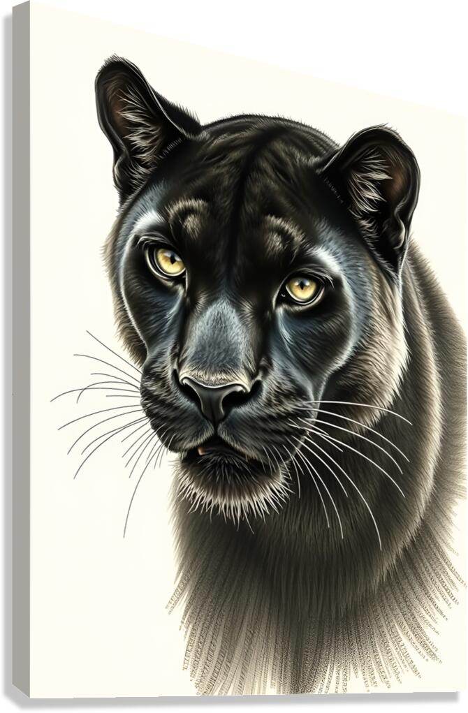 Black panther portrait print with yellow eyes and detailed fur, close-up