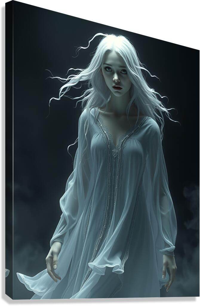 Ethereal portrait print of a pale woman with flowing white hair and a light blue gown