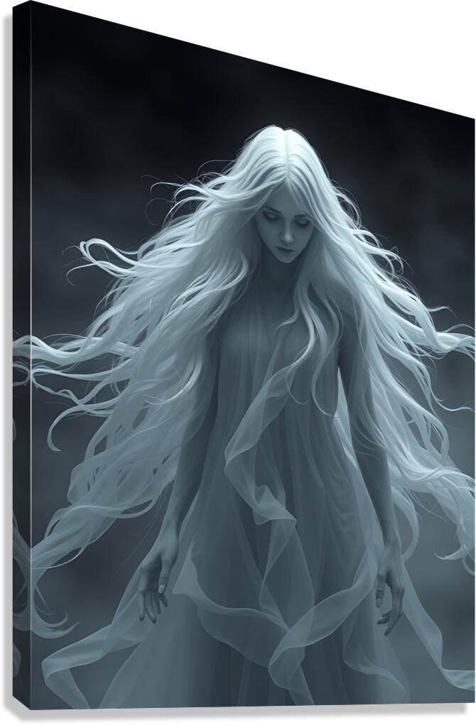Stretched canvas wall art of pale blue ghostly woman with flowing long hair and gown