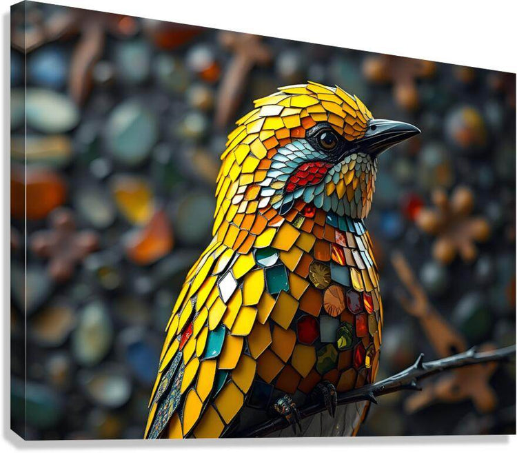 Colorful mosaic stained-glass bird portrait with yellow head and teal wings on a branch