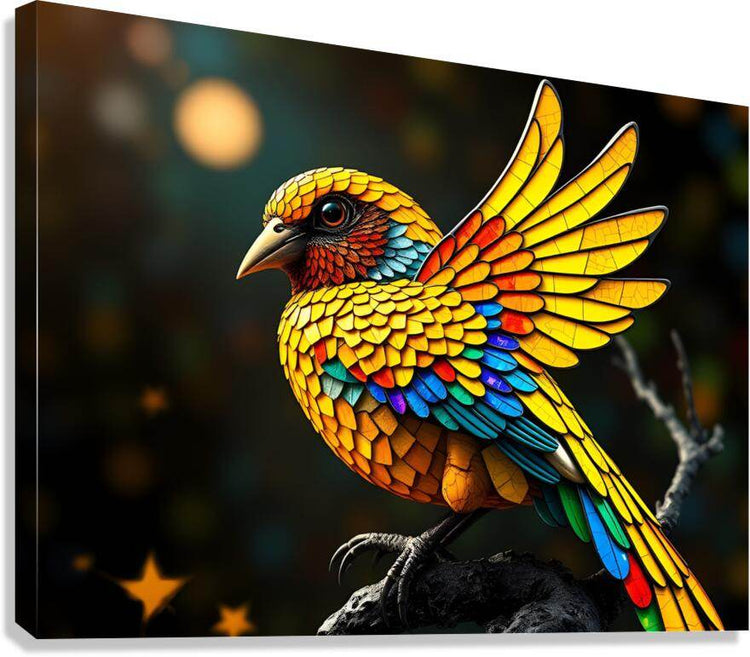 Stained-glass style bird on branch, colorful mosaic wings on black stretched canvas