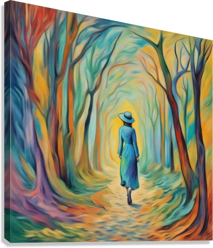 Impressionist forest landscape wall art with a woman in a blue dress and hat walking