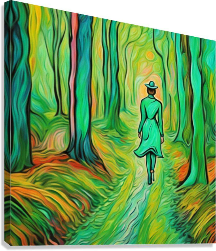 Impressionist forest landscape print with a green-dressed figure walking along a winding path.