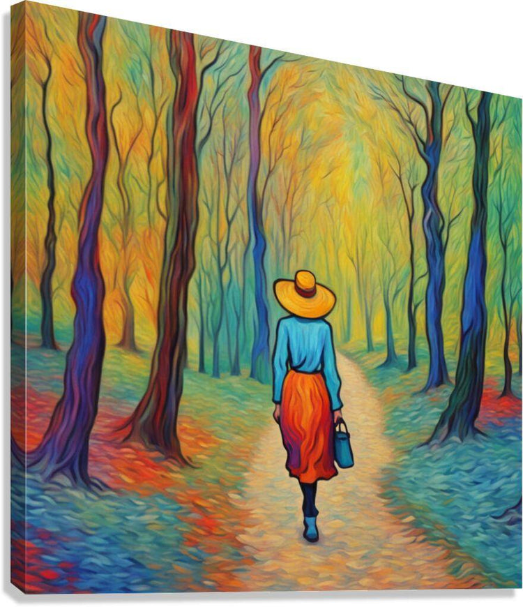 Forest landscape print with a woman walking down a colorful forest path, straw hat and orange skirt.