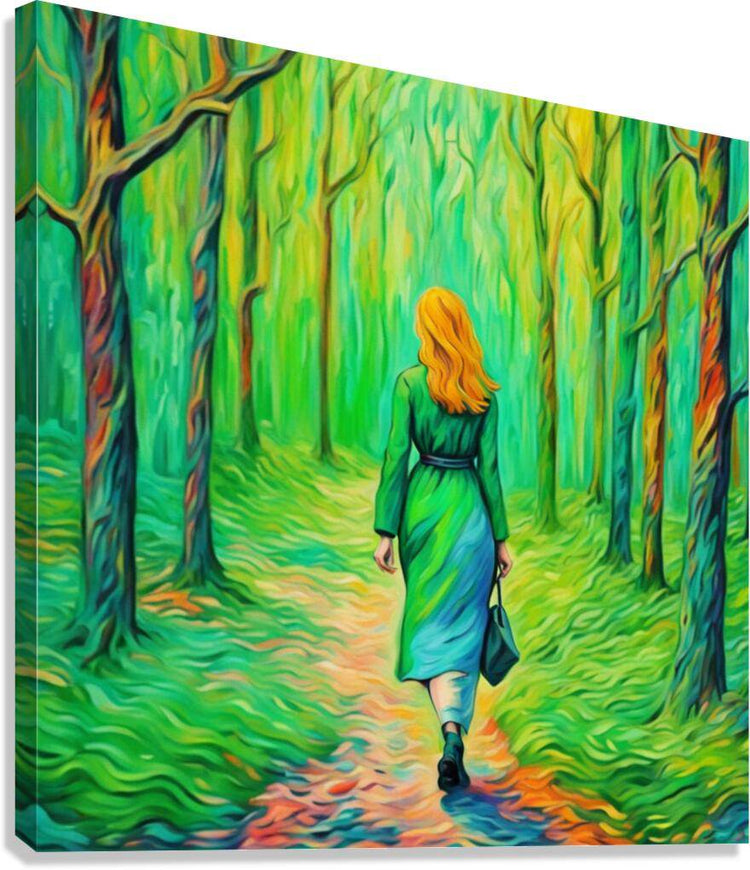Forest landscape wall art with woman in blue-green dress walking along a path