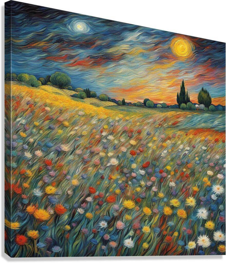Stretched canvas landscape print with wildflowers, rolling hills and golden sunset sky.