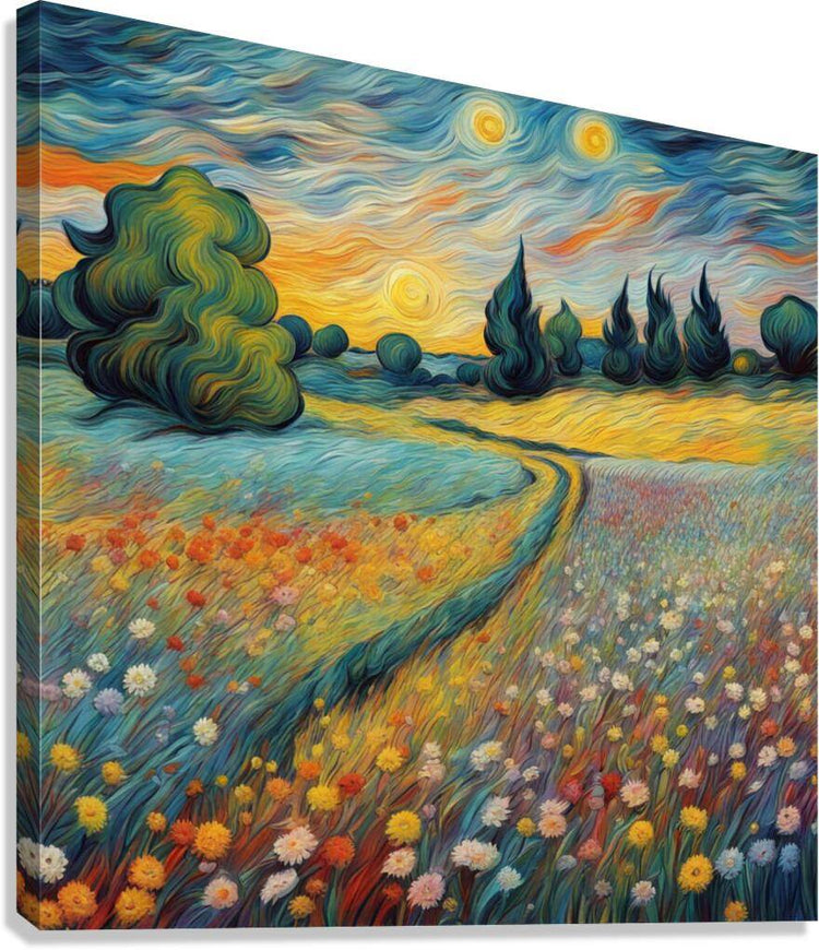 Landscape wall art with a winding path through colorful wildflowers under a glowing sky