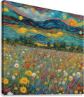 Landscape wall art canvas with blue-green swirled sky, dark hills, and colorful wildflowers