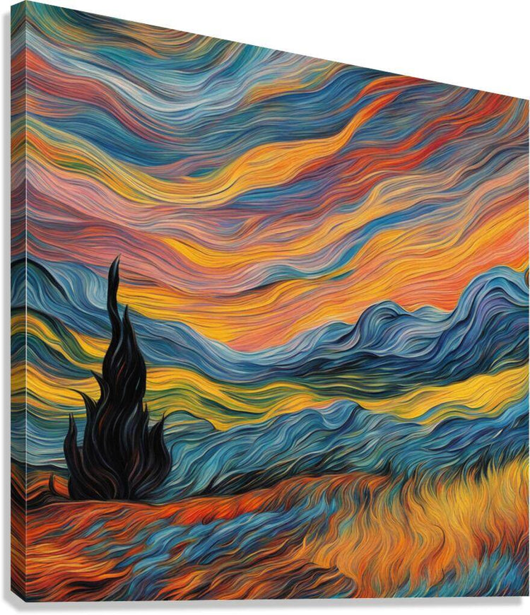 Impressionist landscape wall art with black cypress and flowing blue-orange waves