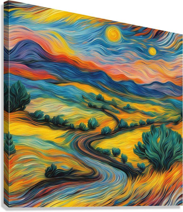 Vibrant swirling landscape print with winding road, teal bushes, and yellow sun circles