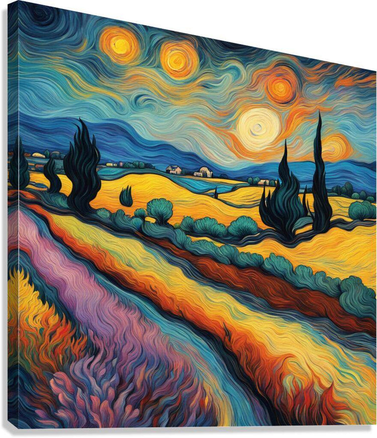 Vibrant impressionist landscape art print with swirled blue sky, golden fields, dark cypress trees