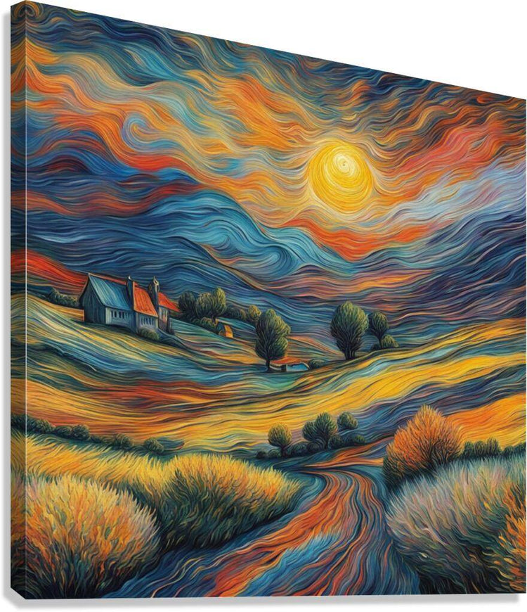 Impressionist landscape canvas print with winding path, trees, and glowing yellow sun