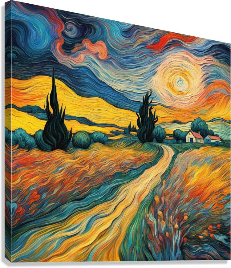 Impressionist-style landscape canvas print with swirling sky, winding path, and trees at sunset