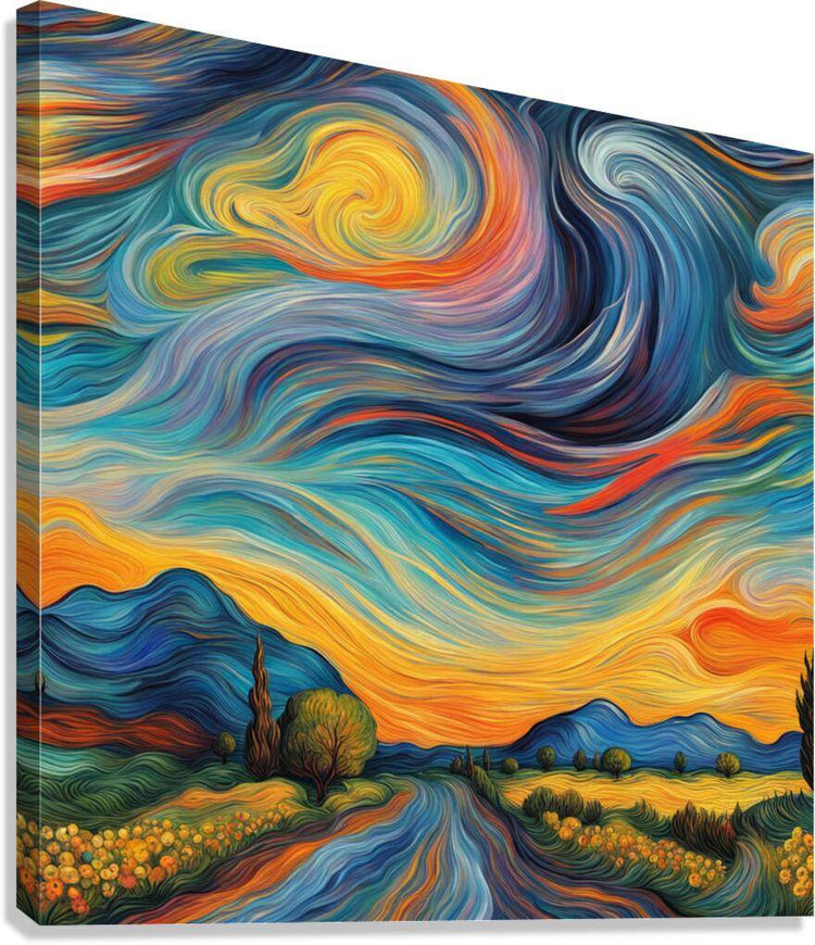 Abstract swirled landscape print with winding path, colorful sky, and fields of flowers