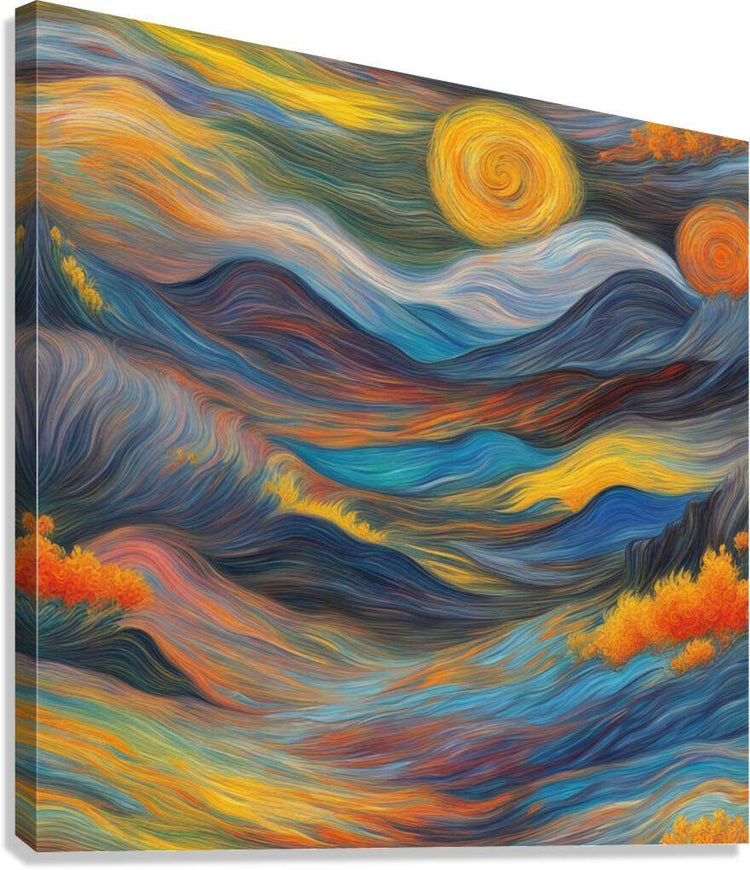 Impressionist landscape wall art on canvas, swirling blue hills with glowing yellow sun
