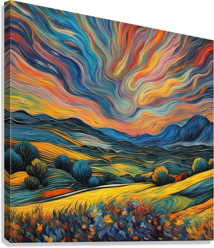 Impressionist landscape wall art on canvas, swirling blue and orange sky over hills.