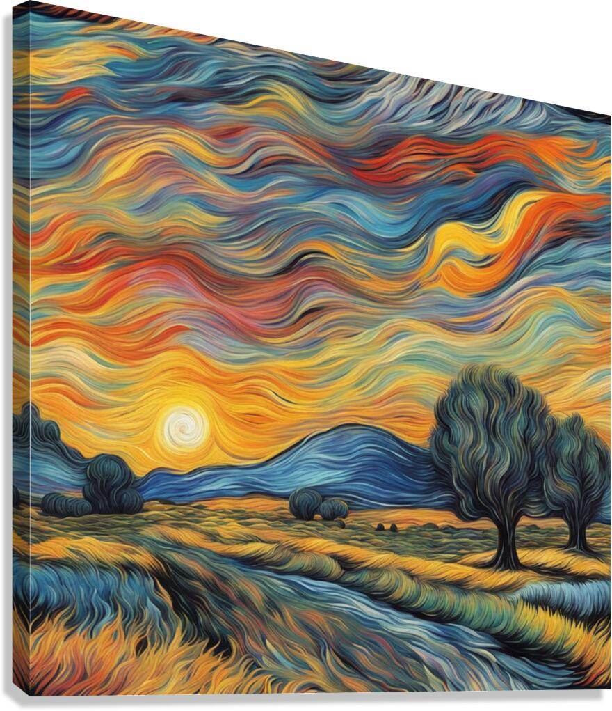 Stretched canvas landscape print: swirling sky, sun, and dark trees