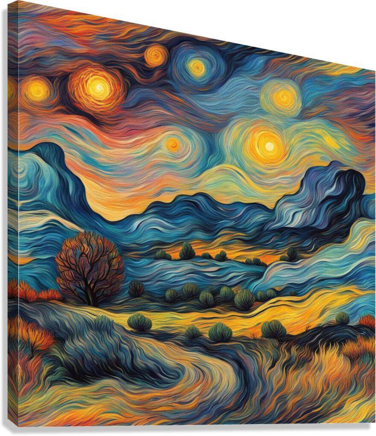 Swirling landscape wall art with glowing yellow orbs and winding blue hills