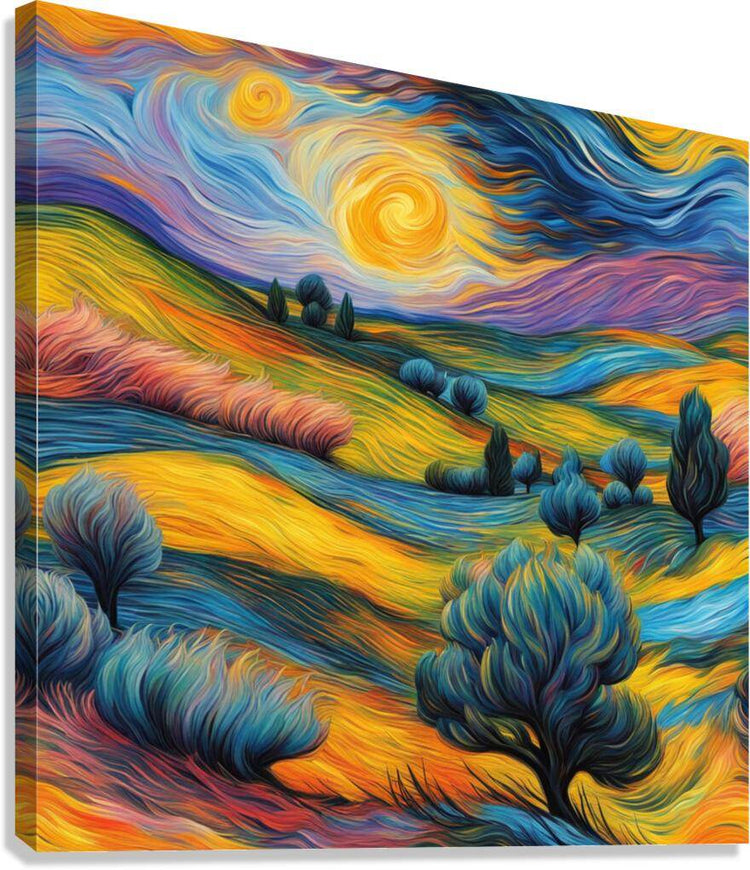 Vibrant landscape wall art with swirling yellow sun, blue trees, and rainbow hills.