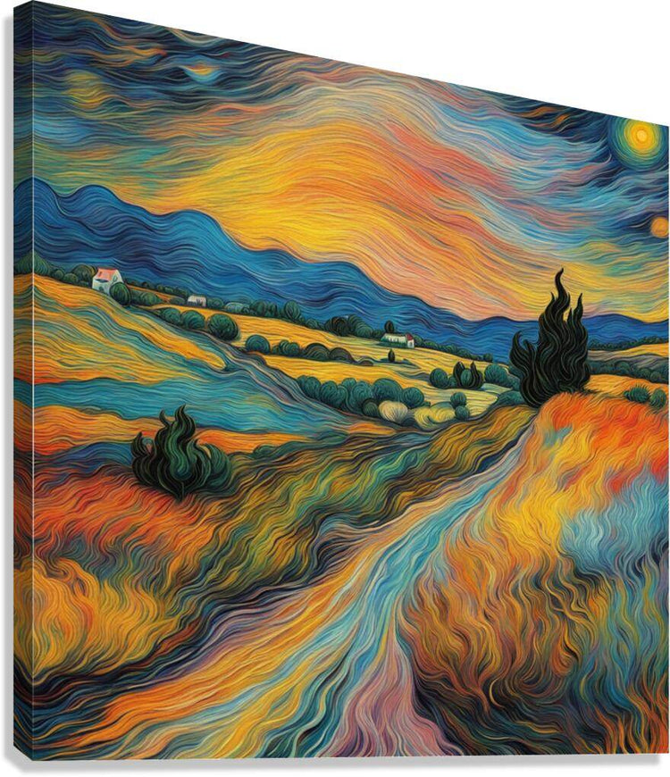Colorful swirling landscape canvas with blue valley, glowing sun, and dark tree shapes