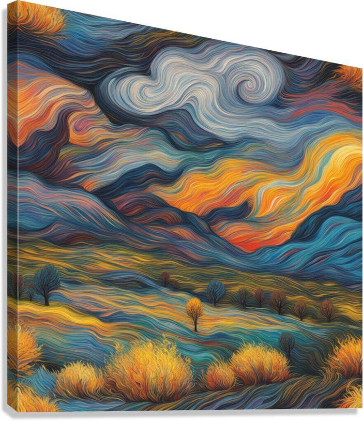 Square landscape canvas print with swirling blue clouds and orange, yellow, and teal fields