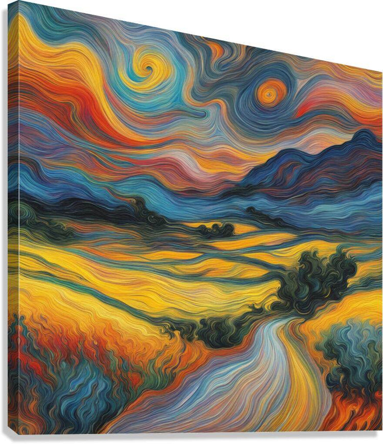 Abstract landscape canvas print with swirling blue, orange, and yellow flow lines and clouds