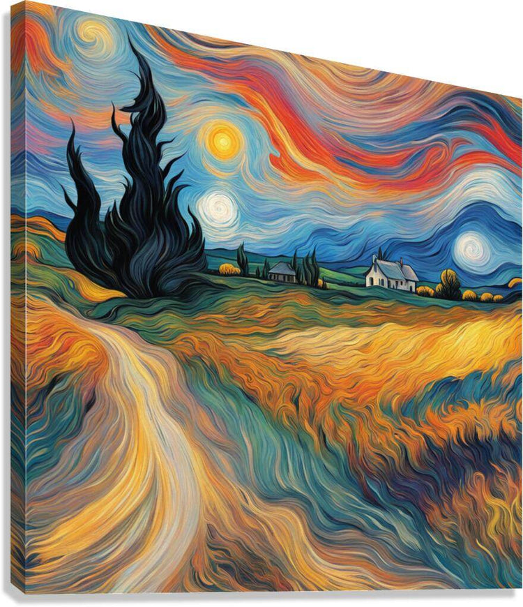 Landscape wall art print with swirling blue sky, dark tree, and orange-yellow fields.