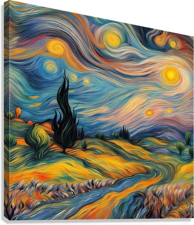 Swirling landscape wall art with blue-orange waves, glowing yellow circles, and a black cypress tree