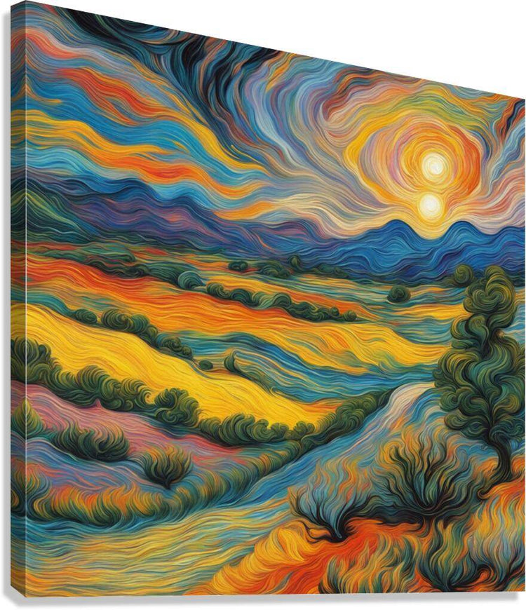 Stretched landscape canvas print with swirling blue, yellow, and orange valleys under a bright sun