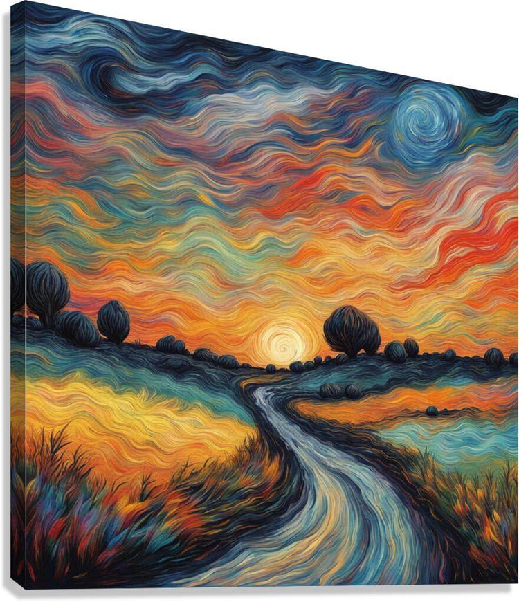 Winding path landscape art with swirling sunset sky in blue, orange, and teal on canvas