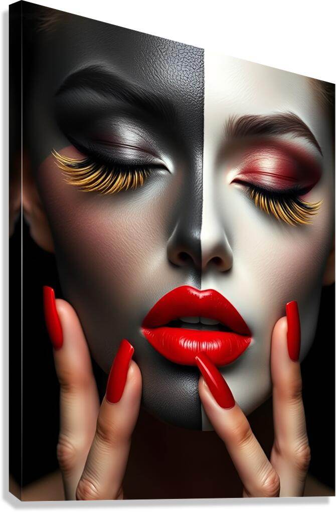 Dual-face glam makeup portrait with red lips, gold lashes, and red nails in split color design.