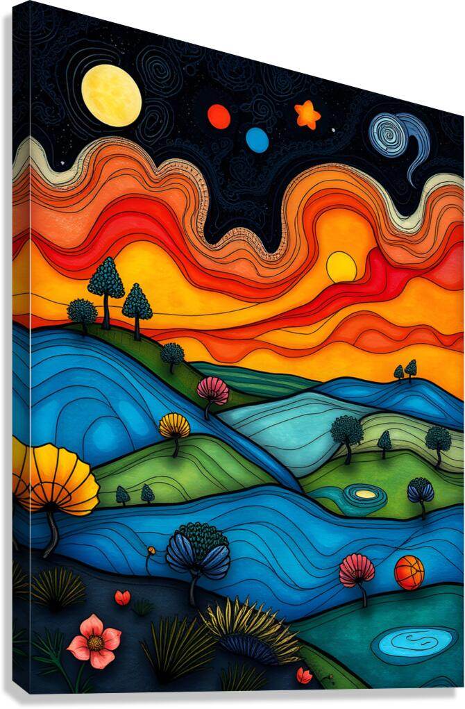 Abstract landscape stretched canvas with layered hills, moon, stars, and colorful swirls.