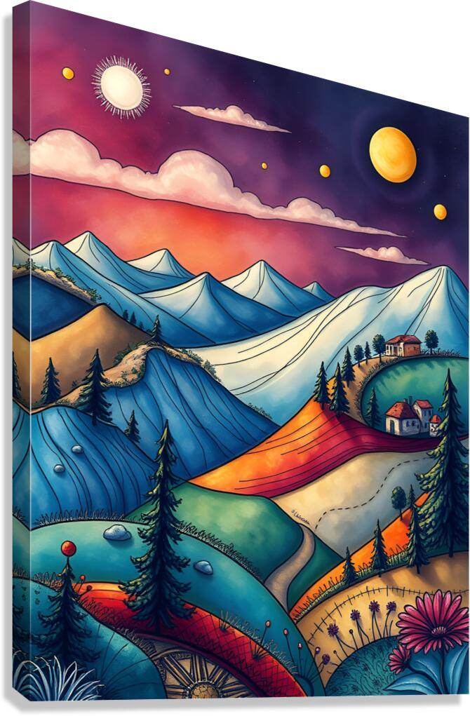 Framed abstract landscape wall art with blue mountains, cosmic suns, and glowing planets