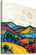 Abstract landscape canvas art with colorful layered hills, trees, and swirling moon icons