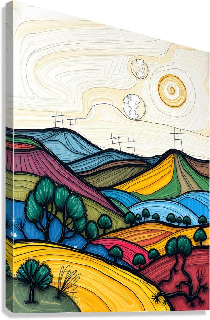 Abstract landscape canvas art with colorful layered hills, trees, and swirling moon icons