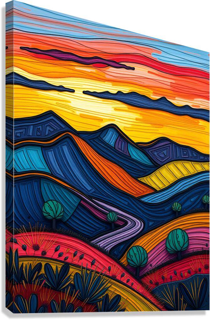 Abstract landscape wall art on blue-backed canvas, with layered rainbow mountains and plants.