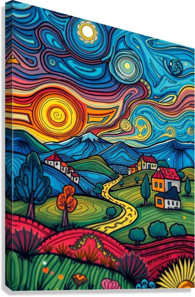Abstract landscape canvas print with swirling blue sky, bright sun circles, and village houses