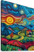 Abstract landscape canvas print with swirling blue sky, bright sun circles, and village houses