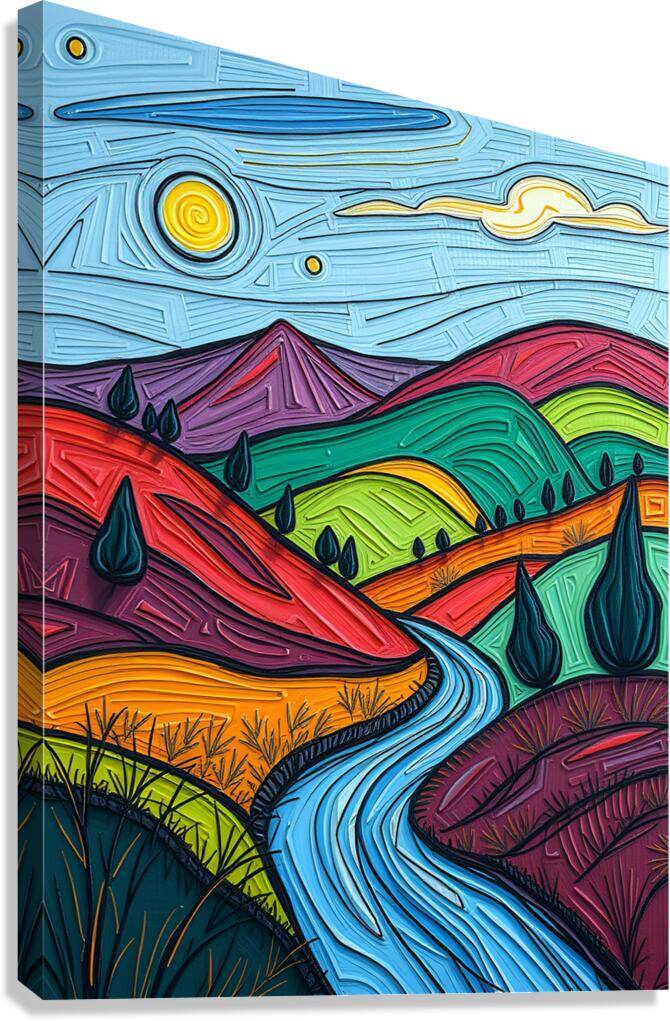 Abstract landscape print with textured blue sky, neon mountains, and winding blue river.