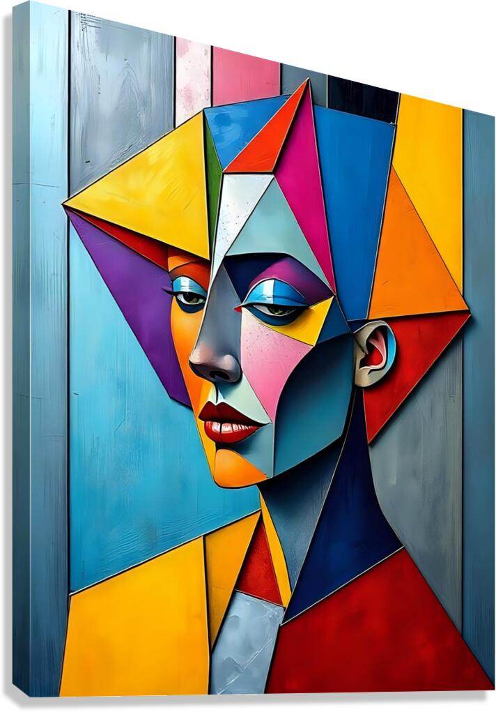 Geometric cubist portrait artwork, colorful faceted face with blue, yellow, pink and red tones.