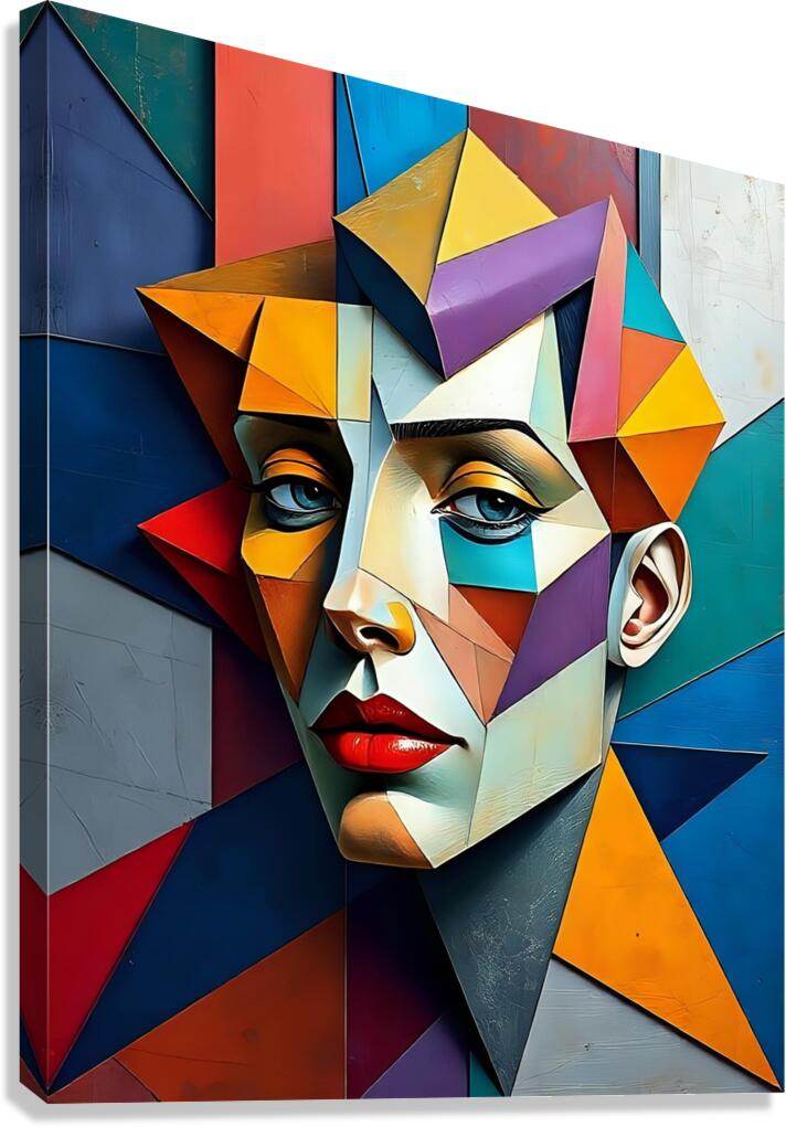 Colorful cubist face canvas print with geometric facets and red lips, blue eyes