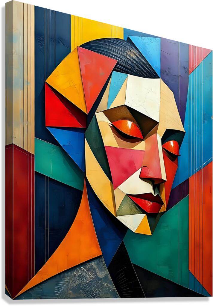 Cubist portrait wall art with multicolor geometric face, bold red, blue, yellow accents