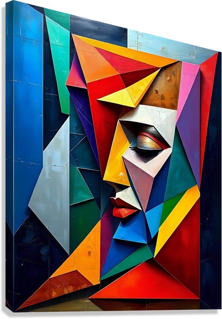Abstract cubist wall art with colorful geometric face and eye