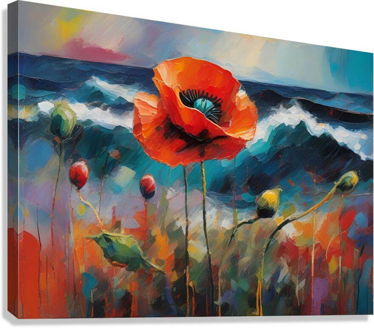 Stretched canvas art print with bright orange poppy flowers over blue coastal waves
