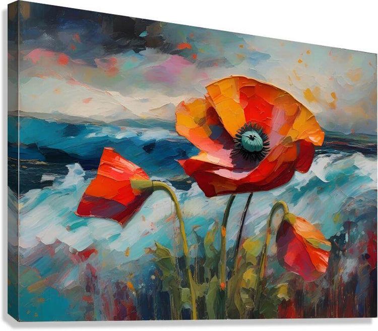 Rectangular canvas print of orange and red poppy flowers with green stems and blue waterlike sky