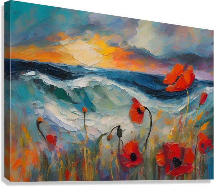 Stretched canvas wall art: blue ocean, orange sunset sky, red poppy flowers