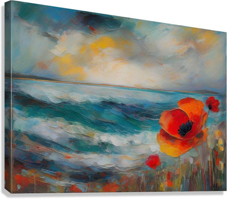 Stretched canvas seascape painting with red and orange poppy flowers and ocean waves
