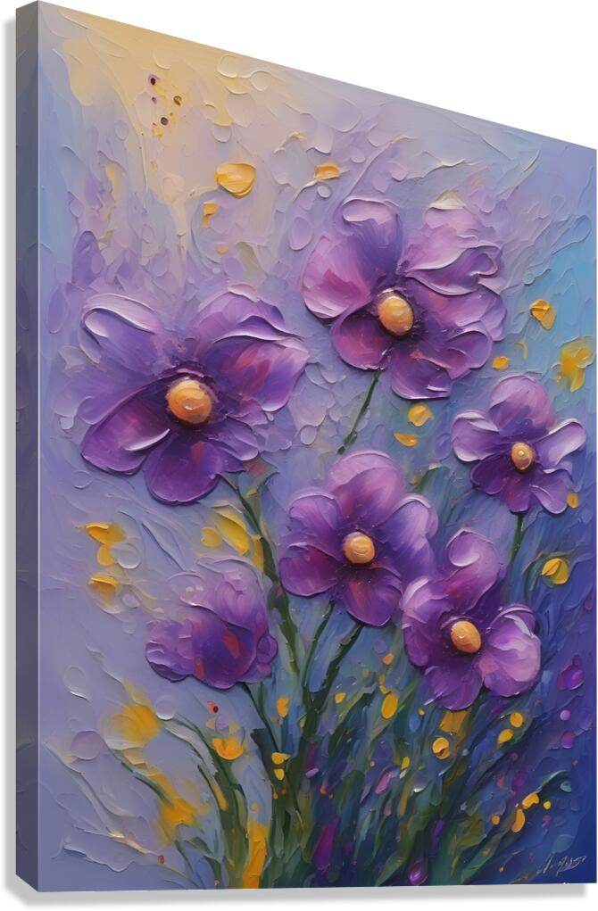 Purple and gold textured floral canvas print with raised petal details.